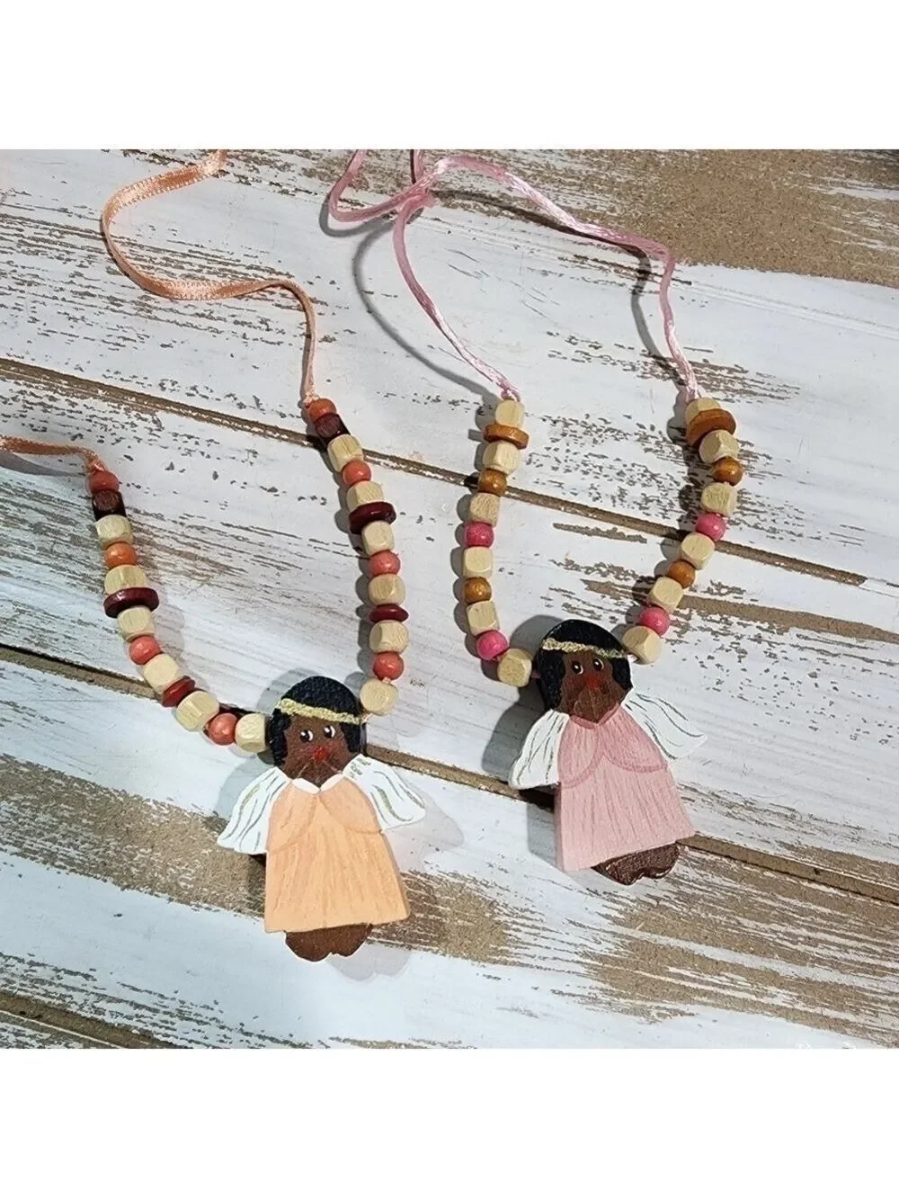 Handmade Handpainted praying Angel Holiday Christmas wood beaded necklace signed